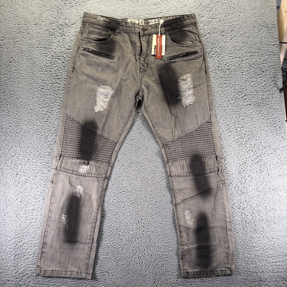 Lab Jeans Mens‎ 38x30 Gray Cotton Denim Straight Leg Slim Biker Moto Distressed